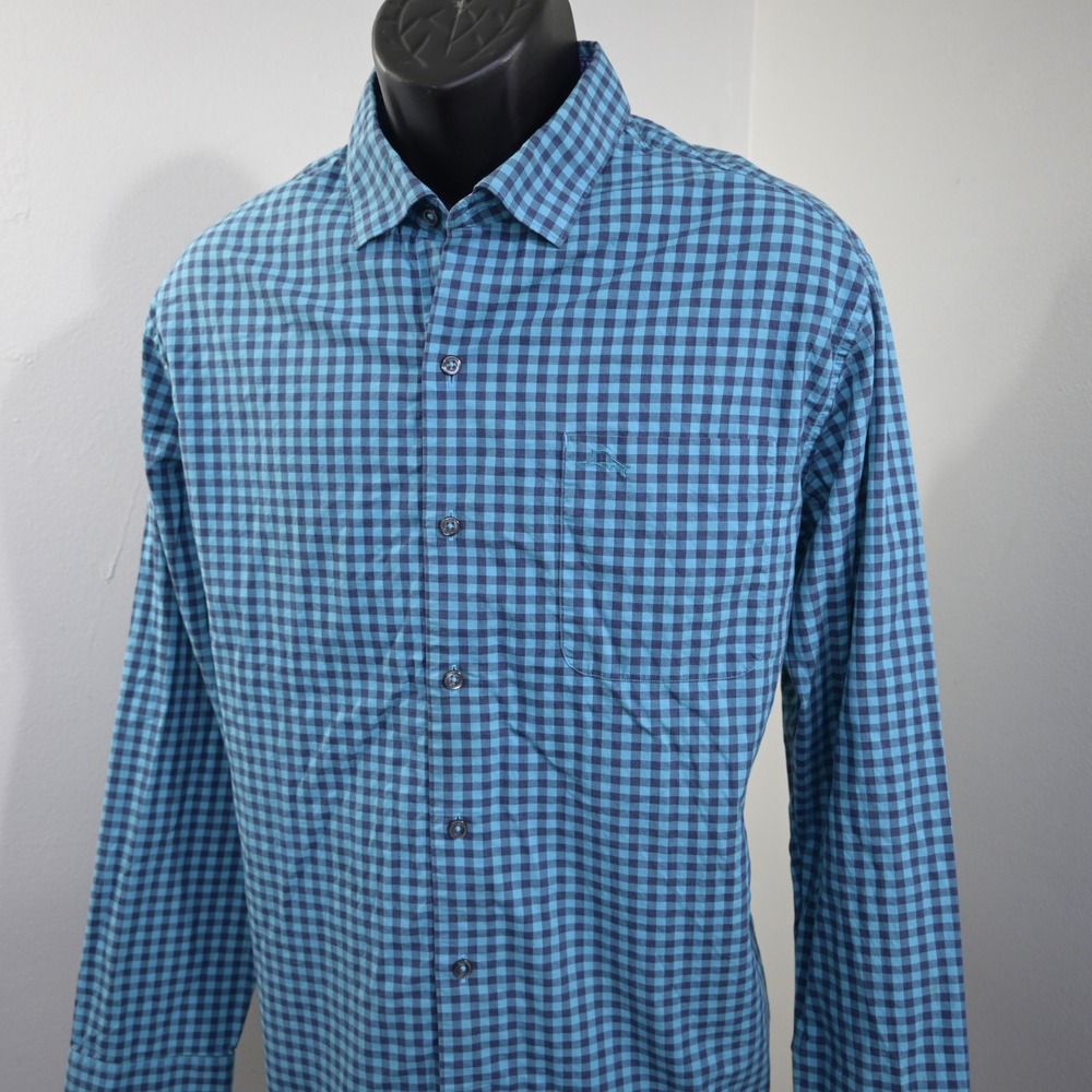 Tommy Bahama Button Up Dress Shirt Mens L Blue Gingham Pima Cotton Long Sleeve